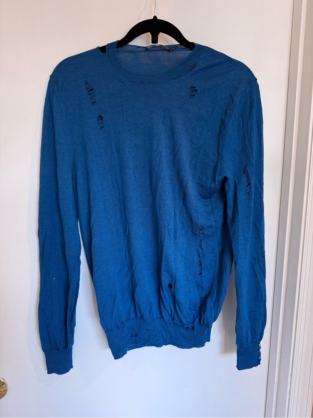 Alexander McQueen Blue Men’s Distressed Crewneck Sweater